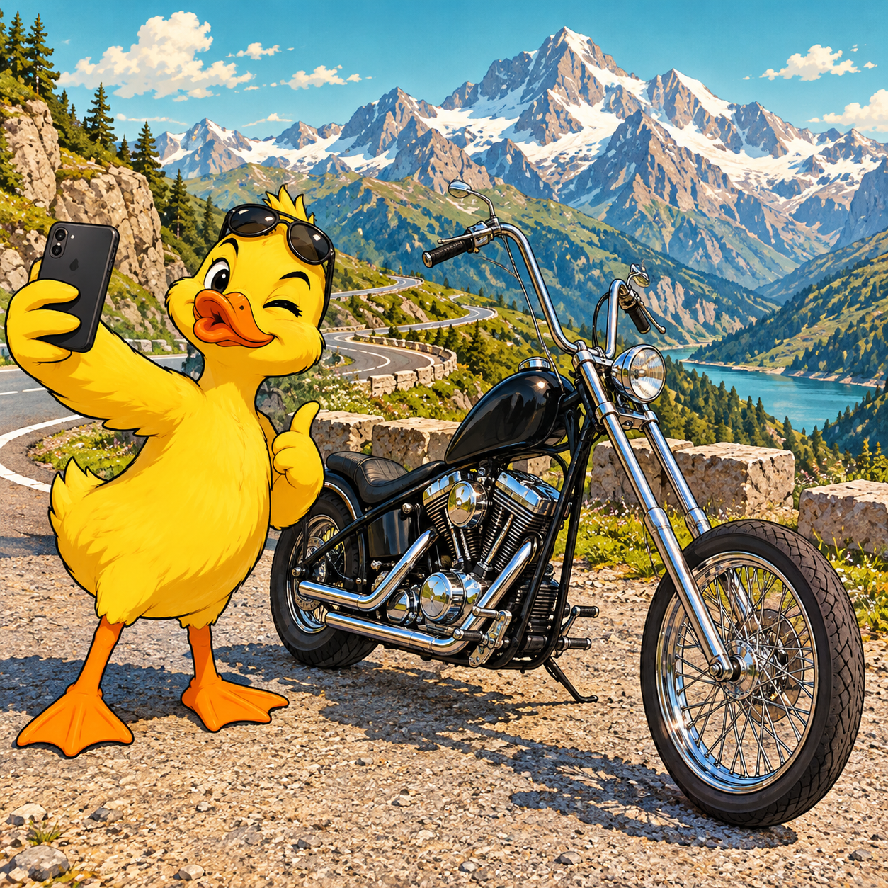 Ente macht ein Selfie auf einem Bergpass neben einem schwarzen Chopper