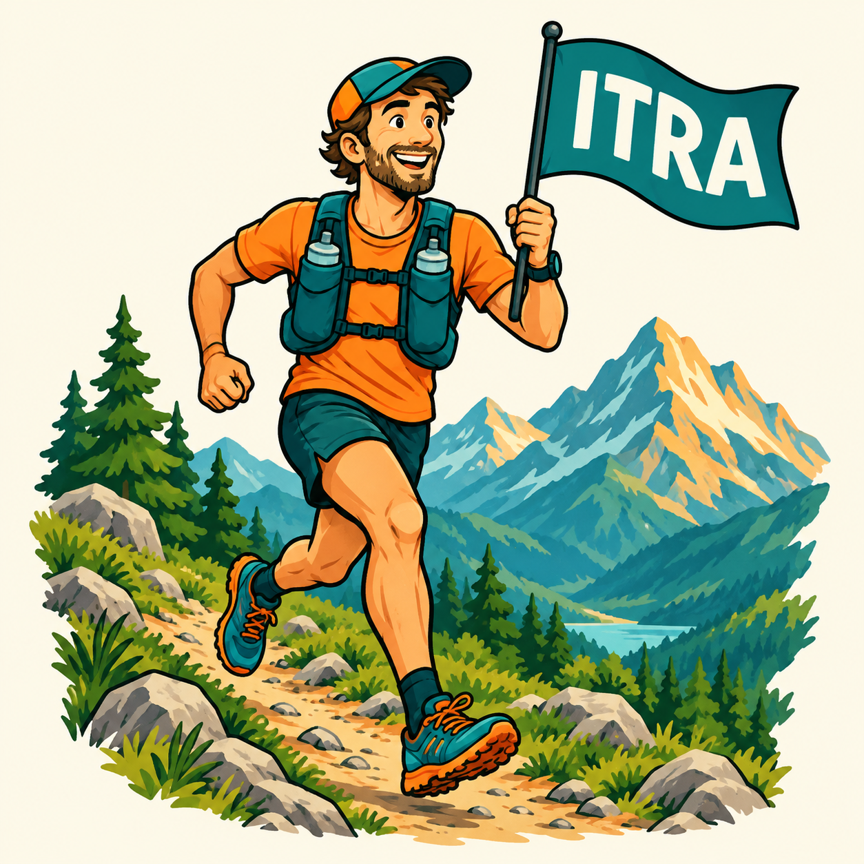 Comic-Trailrunner mit ITRA-Fahne
